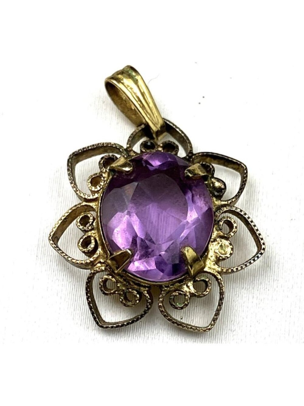 Antique Edwardian Amethyst Scroll Pendant Purple Oval